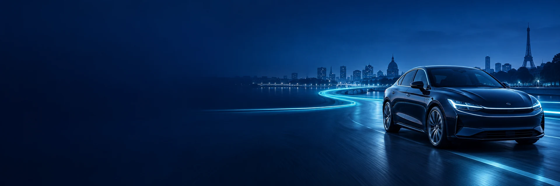 Route lumineuse et véhicule VTC dans Paris